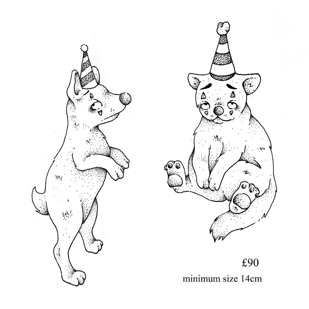 2 Animal tattoo designs with party hats £90 each minimum size 14cm