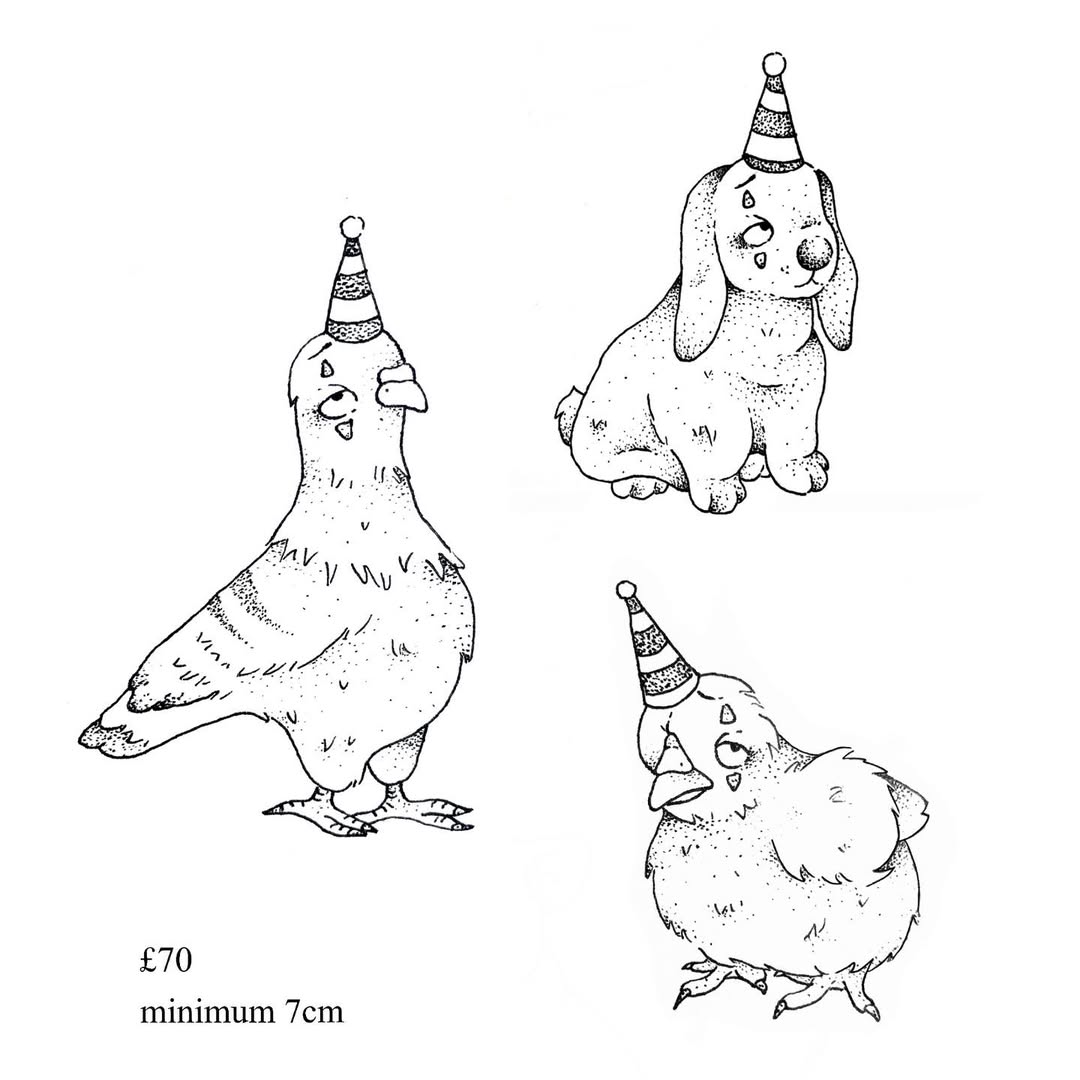 A pidgeon, bunny and chick with party hats £70 minimum size 7cm